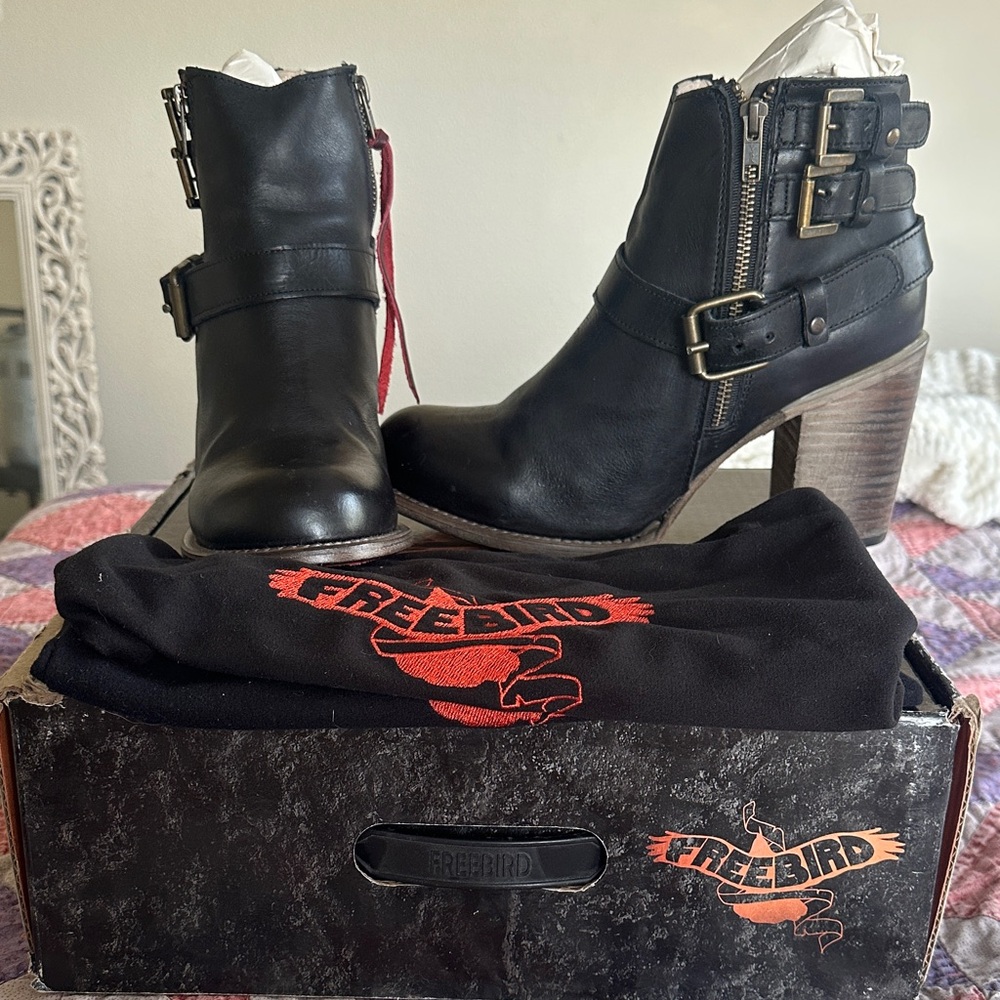 Freebird by Steven Black Leather Buckle Zip Ankle Boots